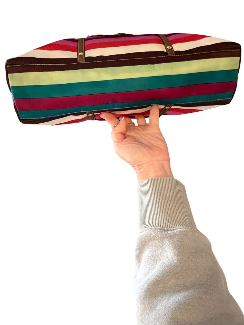 COACH Legacy Stripe Large Satin Tote Bronze Leather Trim Style 14010